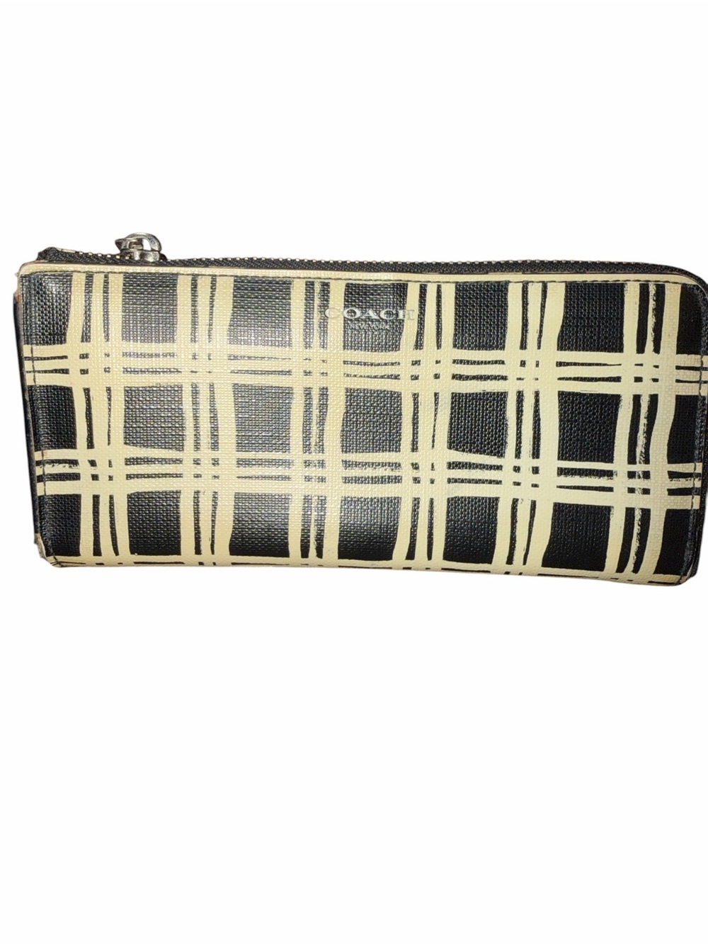 Coach Bleecker Black & Cream Plaid Zip around wallet - Silver Hardware